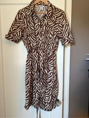 DKNY Brown and Cream Zebra-Print Shirt Dress